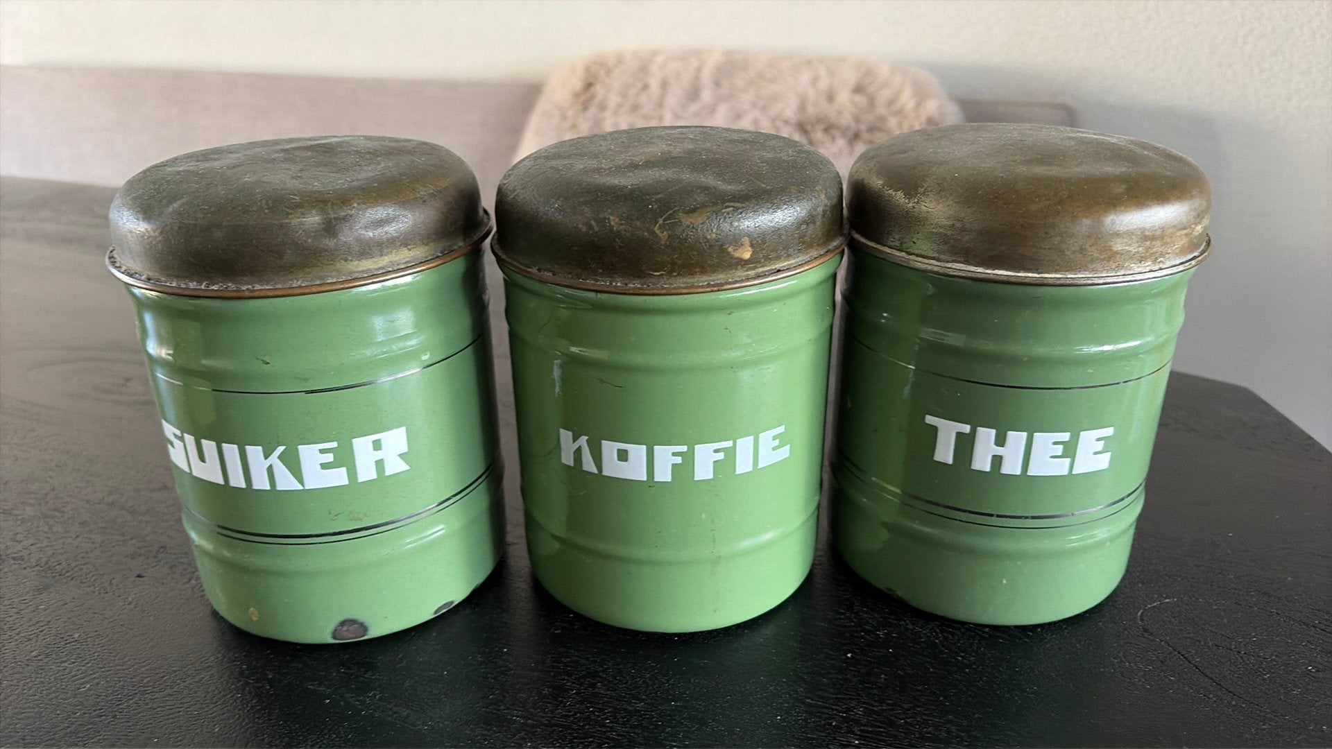 Vintage voorraadblikken suiker koffie thee, Ophalen