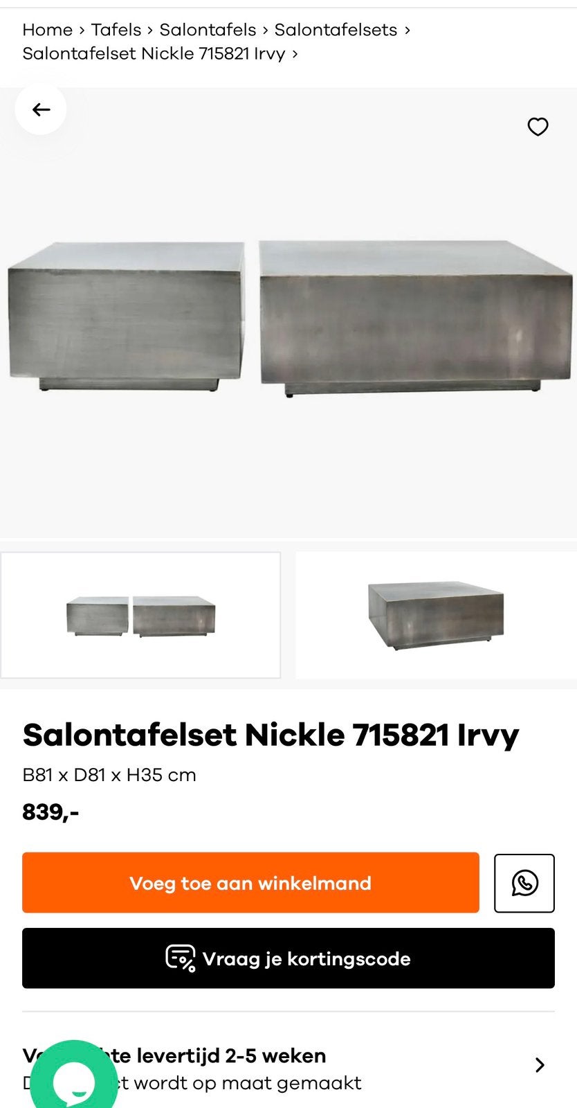 Salontafel set irvi nickle iron PTMD collection, Huis en Inrichting, Ophalen, Zo goed als nieuw, Rond, 50 tot 100 cm