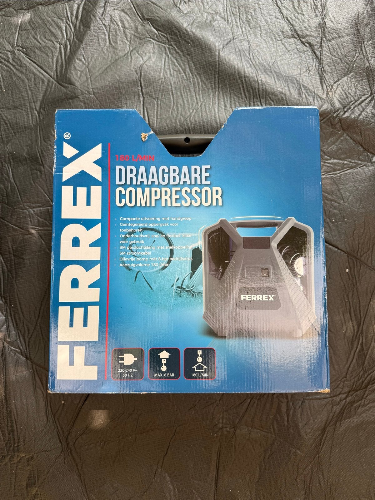 Ferrex Draagbare Compressor 180 L/min - Nieuw in doos, 6 tot 10 bar, Nieuw, Ophalen of Verzenden, Minder dan 200 liter/min