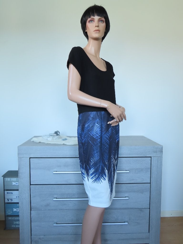 Zwarte Jurk JUFFROUW JANSEN met Blauw op Wit Veren L, Blauw, Maat 42/44 (L), Ophalen of Verzenden, Zo goed als nieuw
