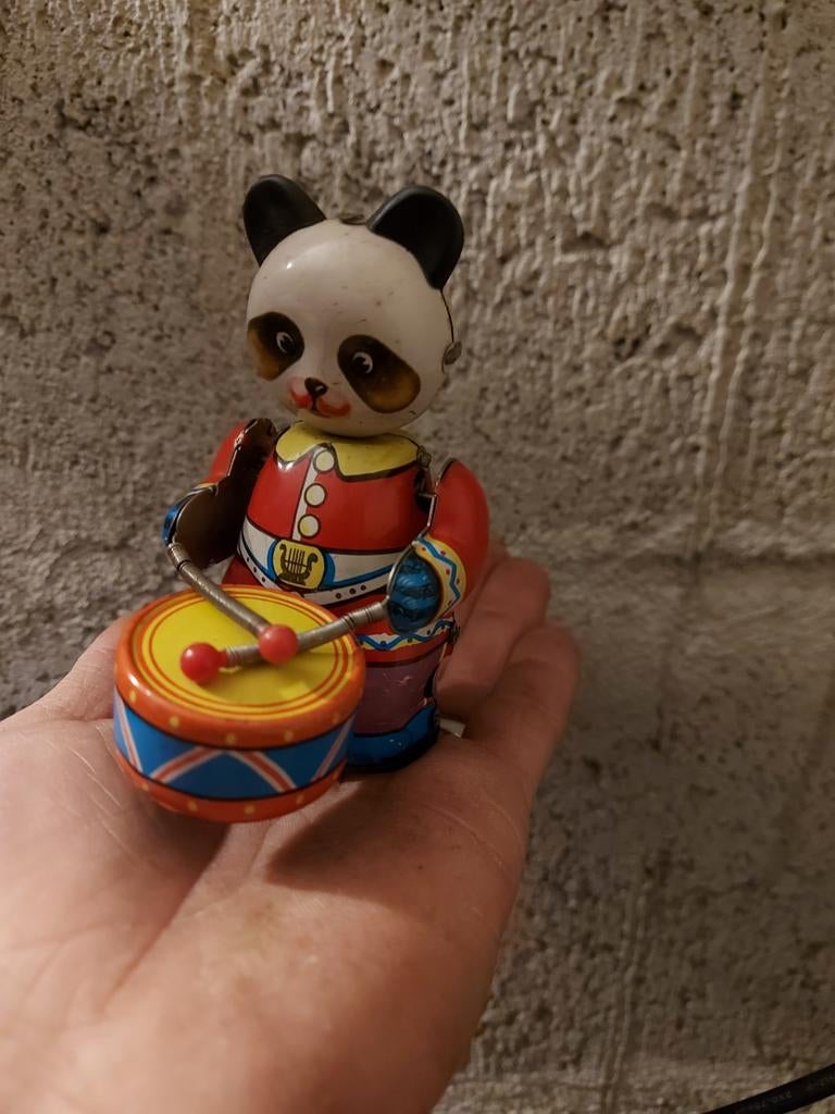 Blikken speelgoed. Panda met trommel., Antiek en Kunst, Ophalen of Verzenden