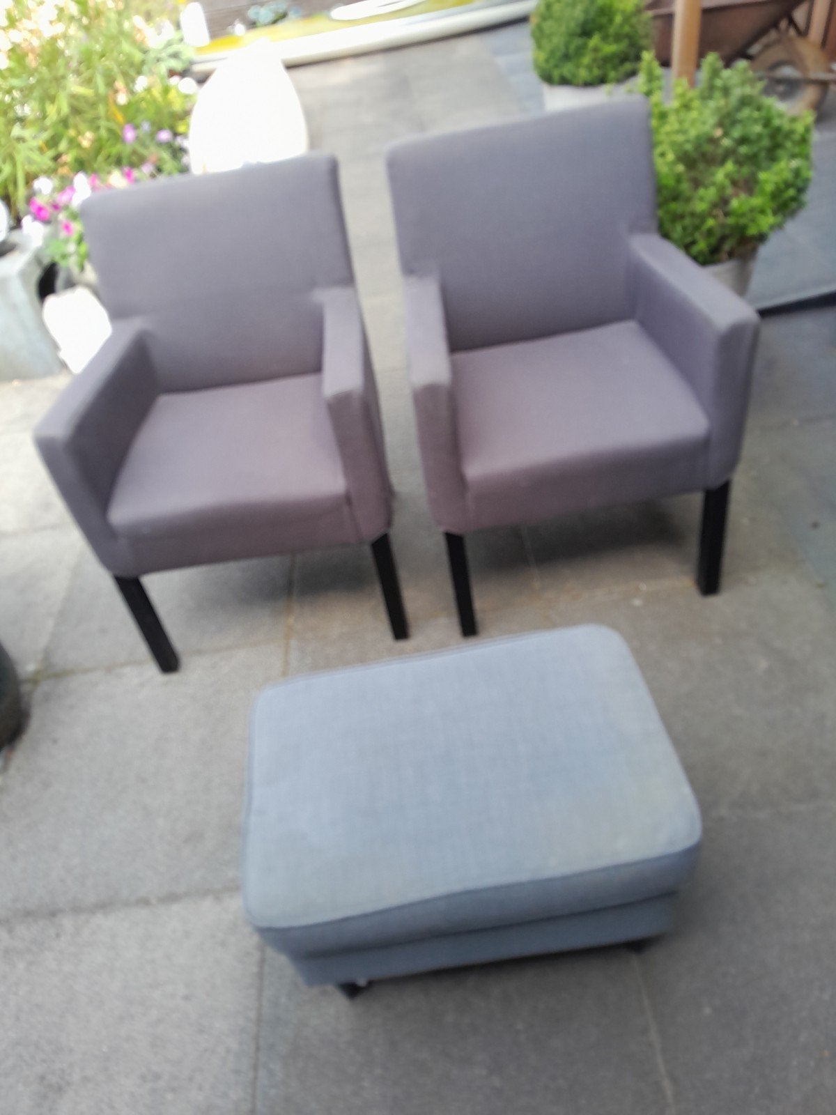 2x Fauteuil met voetenbankje - Grijs, Gebruikt, Modern comfort, 75 tot 100 cm, Ophalen of Verzenden