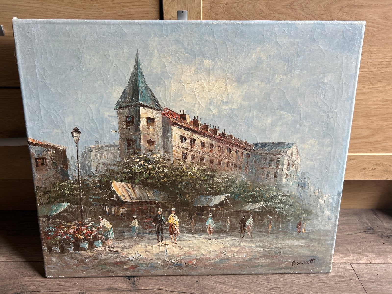 Schilderij Burnett - Stadsgezicht met figuren, Antiek en Kunst, Ophalen, Doek, Realistisch, Gesigneerd