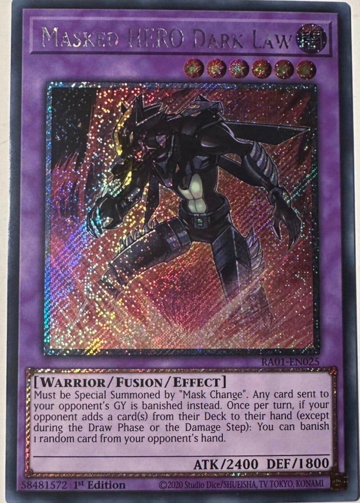 Yu-Gi-Oh! Masked HERO Dark Law RA01 1st Edition !, Ophalen of Verzenden, Zo goed als nieuw, Losse kaart, Foil