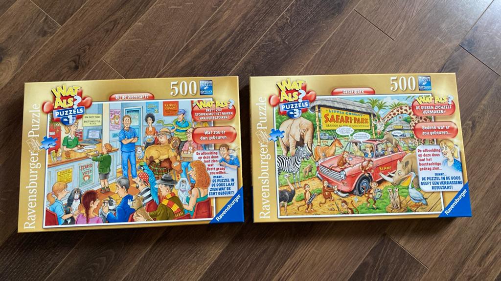 Twee leuke Ravensburger 'Wat Als?' puzzels - 500 stukjes, Ophalen of Verzenden, Zo goed als nieuw