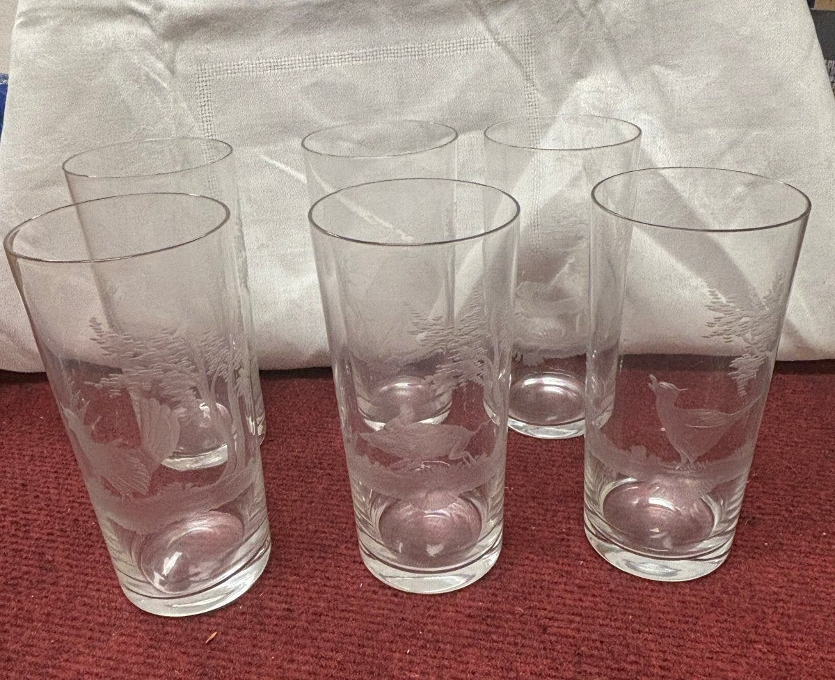 Set van 6 vintage kristallen glazen met geëtste bosdieren, Antiek en Kunst, Ophalen of Verzenden
