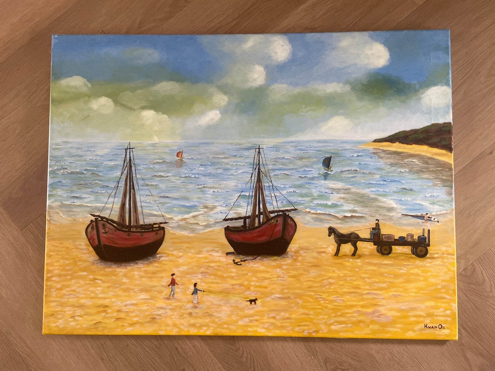 Schilderij 'Strandgezicht met boten' - H. van Os, Ophalen of Verzenden