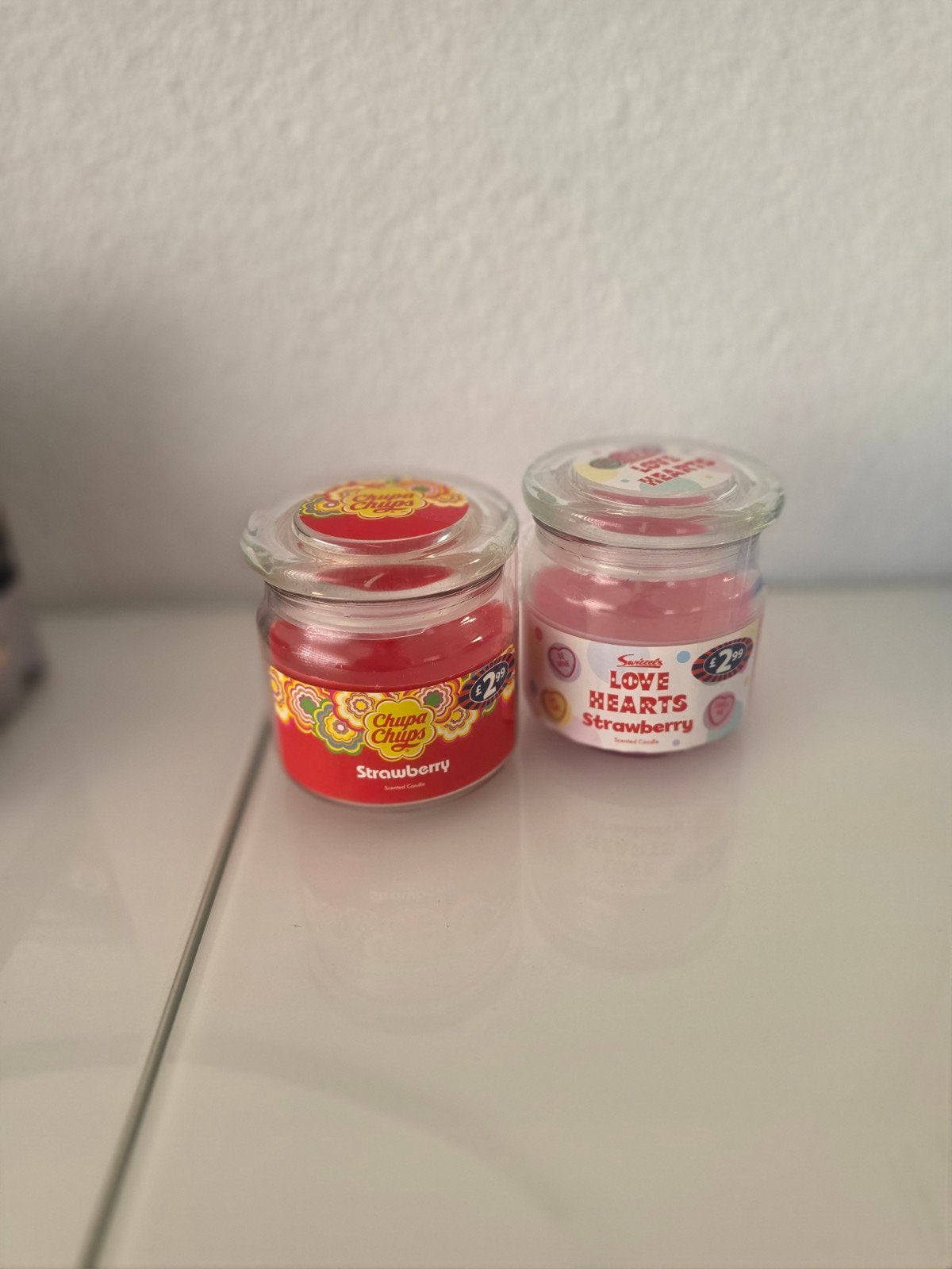 Nieuwe kaarsen in glazen pot - Chupa Chups & Love Hearts, Ophalen, Nieuw, Glas, Kaars