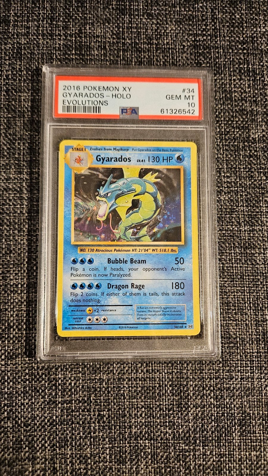 2016 Pokémon XY Evolutions Gyarados Holo PSA 10 GEM MT, Hobby en Vrije tijd, Ophalen of Verzenden, Zo goed als nieuw, Losse kaart