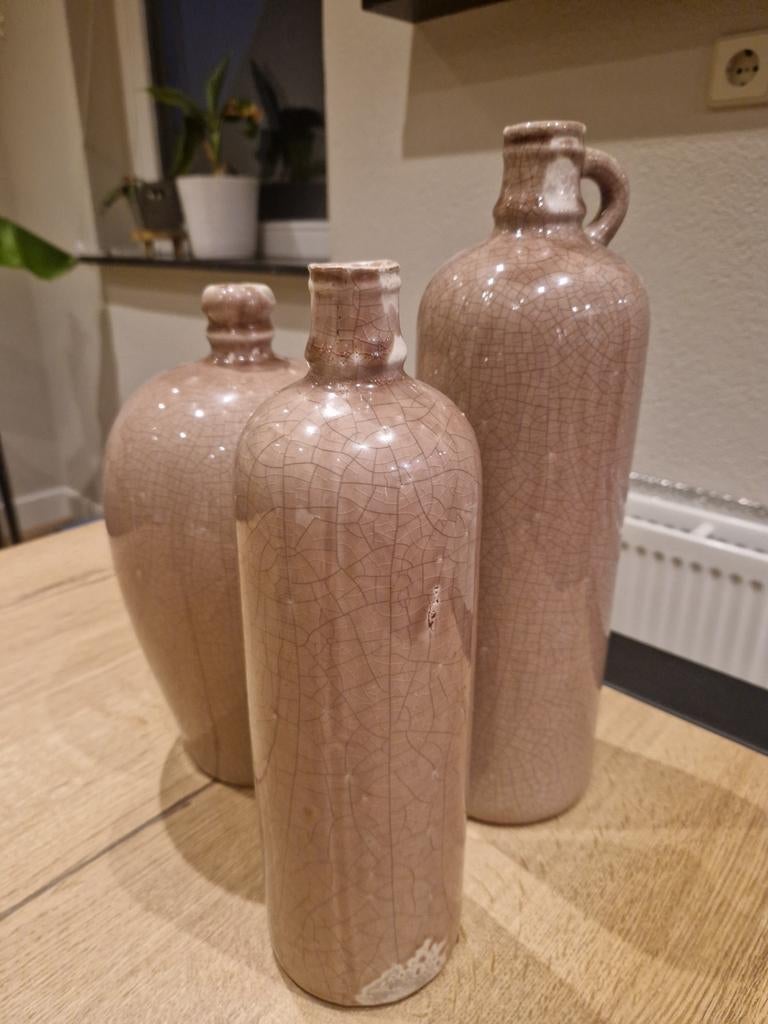 Set van 3 zachtroze aardewerk kruiken met craquelé, Ophalen of Verzenden