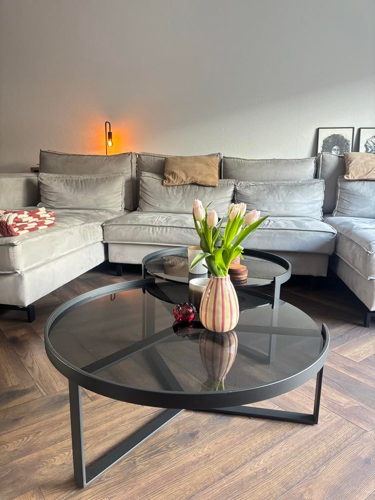 Stijlvolle Salontafel van Made- Rond Glas & Metaal, Huis en Inrichting, Tafels | Salontafels, Ophalen, Rond, 50 tot 100 cm, Glas