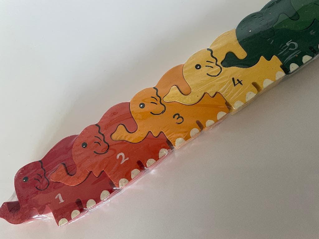 Kastopruiming Olifanten getallen rij puzzel van hout, Ophalen of Verzenden, 10 tot 50 stukjes, Gebruikt, Van hout