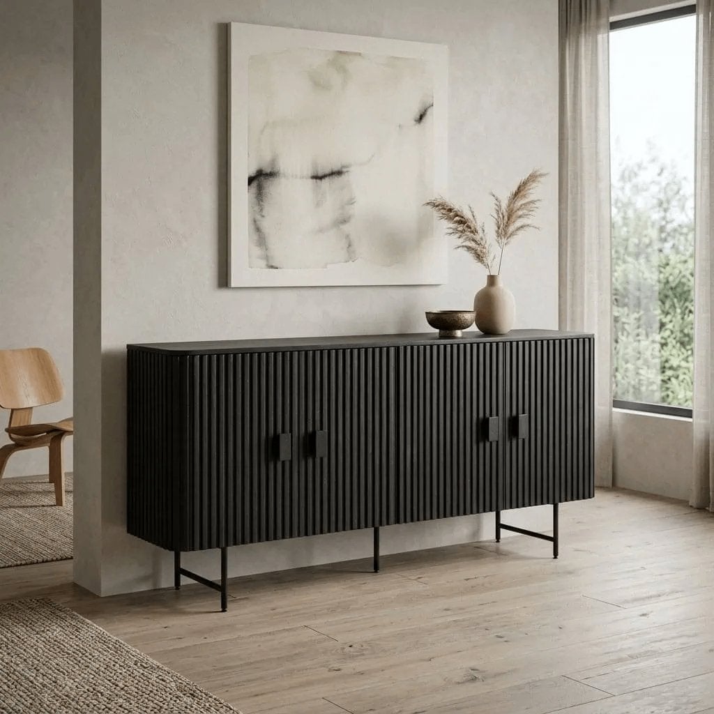 Eleonora Remi dressoir zwart, mangohout, 170 cm, Overige houtsoorten, Met deur(en), 150 tot 200 cm, Nieuw