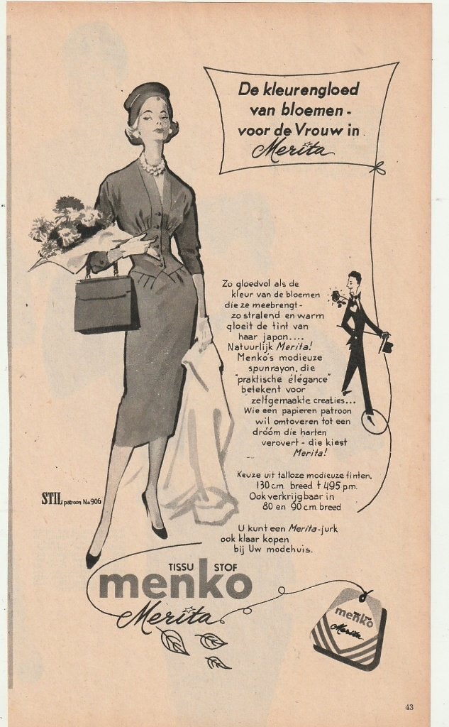 retro reclame 1956 Menko damesmode Merita kleurengloed, Verzamelen, Verzenden, Overige typen