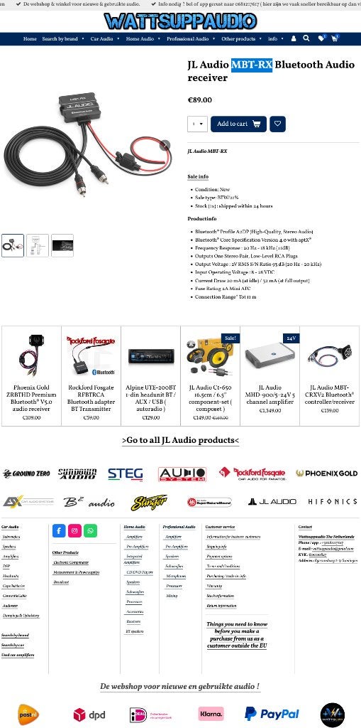 JL Audio MBT-RX Bluetooth Audio receiver / Adapter, ., Nieuw, Ophalen of Verzenden, .