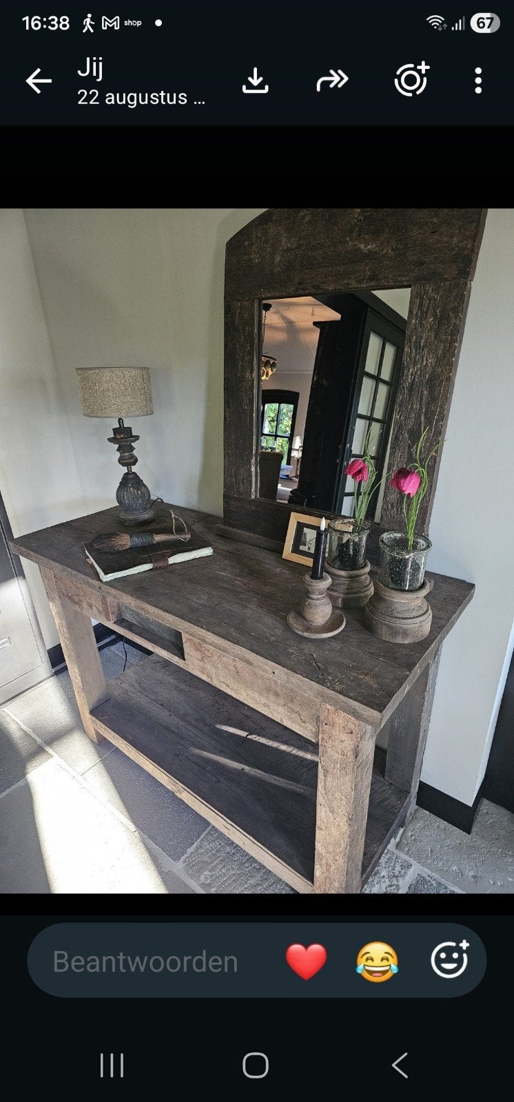 Rustieke houten sidetable met spiegel Aura Peeperkorn, Ophalen, 100 tot 150 cm, Zo goed als nieuw, Sober, Landelijk, Rustiek