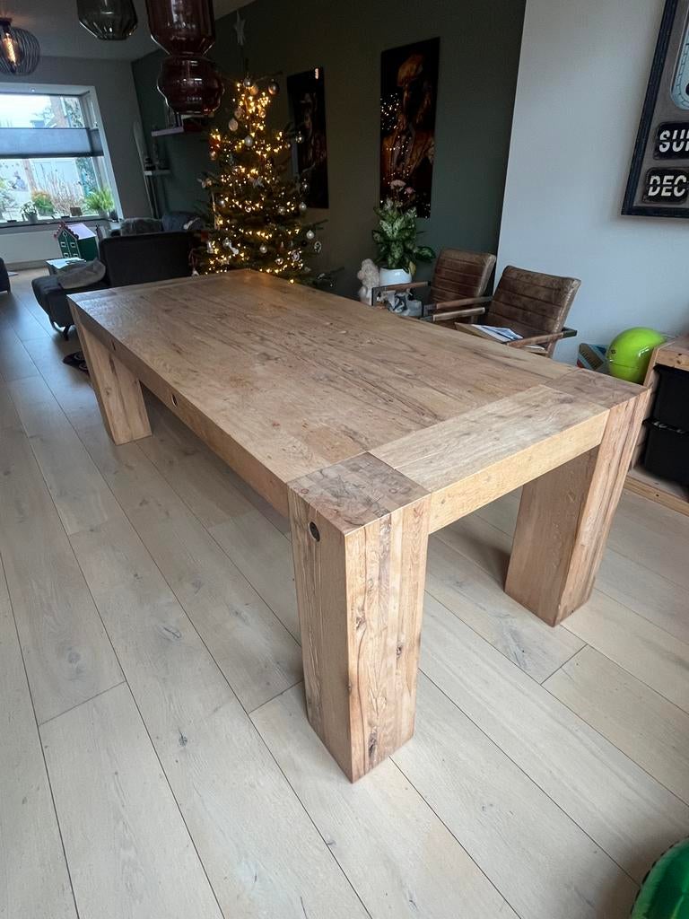 Robuuste eiken houten eettafel 2.40 bij 1.00 meter, Ophalen, Gebruikt, Eikenhout, 200 cm of meer