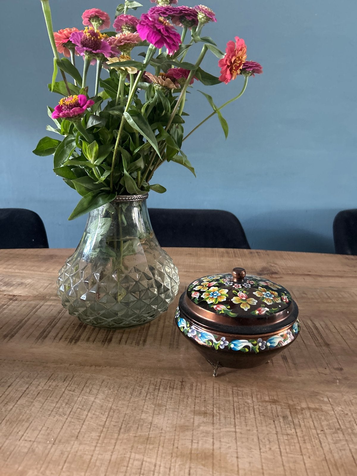Vintage koperen doosje met handgeschilderde bloemen, Ophalen of Verzenden