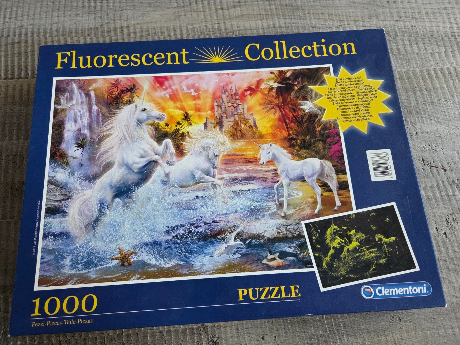 Clementoni Fluorescent Collection Eenhoorn puzzel 1000 st, Ophalen of Verzenden, 500 t/m 1500 stukjes, Gebruikt, Legpuzzel