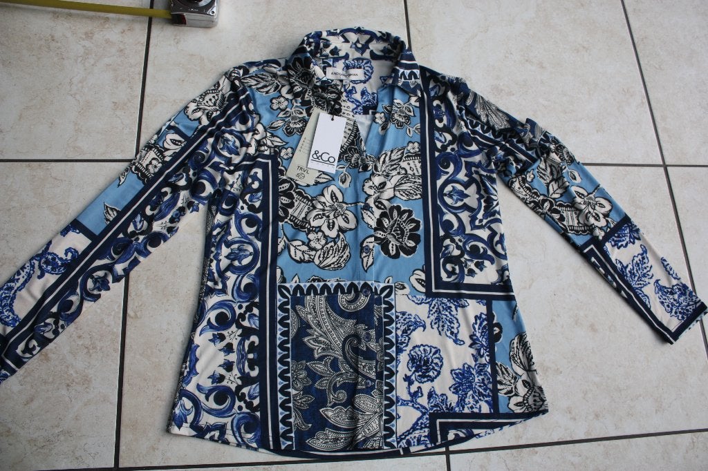 &Co Woman travelstof Indigo Multi blouse M, Maat 38/40 (M), &Co Woman, Zo goed als nieuw, Meerkleurig