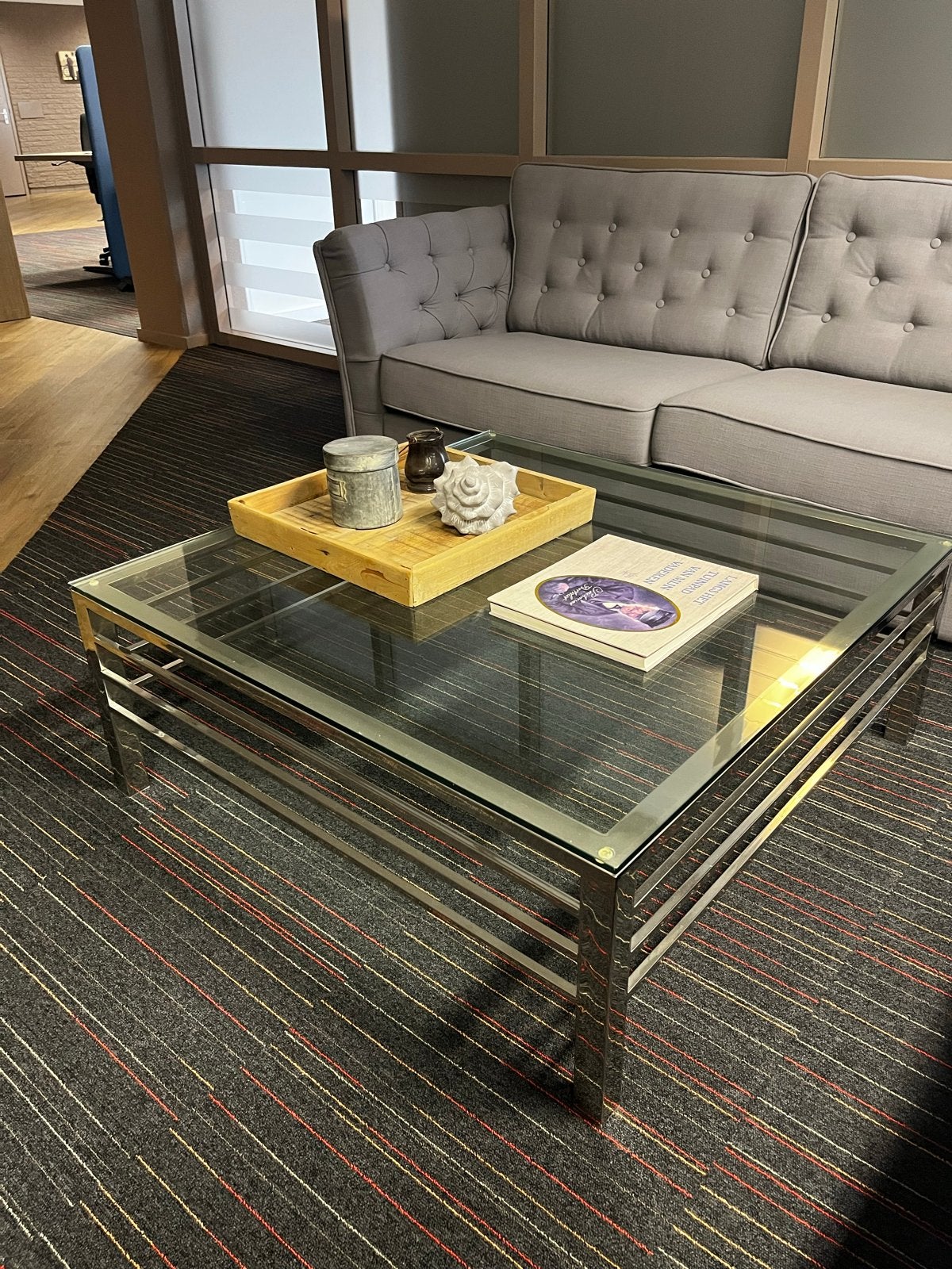 Glazen salontafel met metalen frame - 100x100 cm, Huis en Inrichting, Ophalen, Gebruikt, 100 tot 150 cm, Vierkant