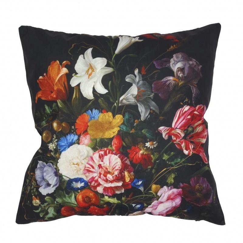 Kussenhoes boeket bloemen kunst zwart | 44 x 44 cm, Dekussenkraam@gmail.com, Verzenden, Vierkant, Nieuw