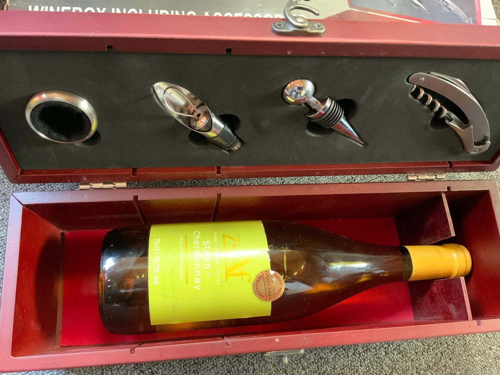 Wijnkist met accessoires - Hout, 5-delig, Ophalen of Verzenden, Zo goed als nieuw, Minder dan 5 flessen, 5 – 50