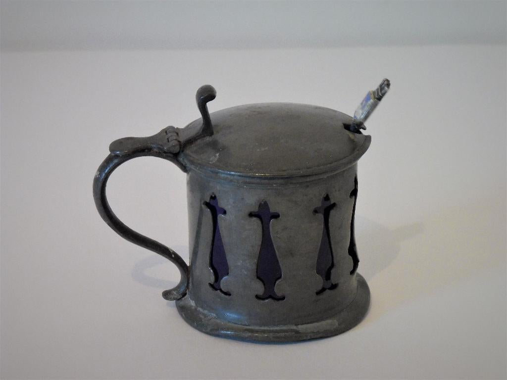 Antiek tinnen mosterdpot deksel pot duimrust blauw glas, Ophalen of Verzenden