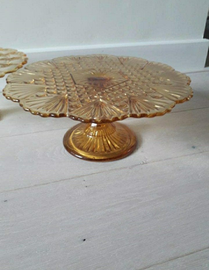 vintage glazen vlaai taart schotel etagere amber retro, Antiek en Kunst, Ophalen of Verzenden
