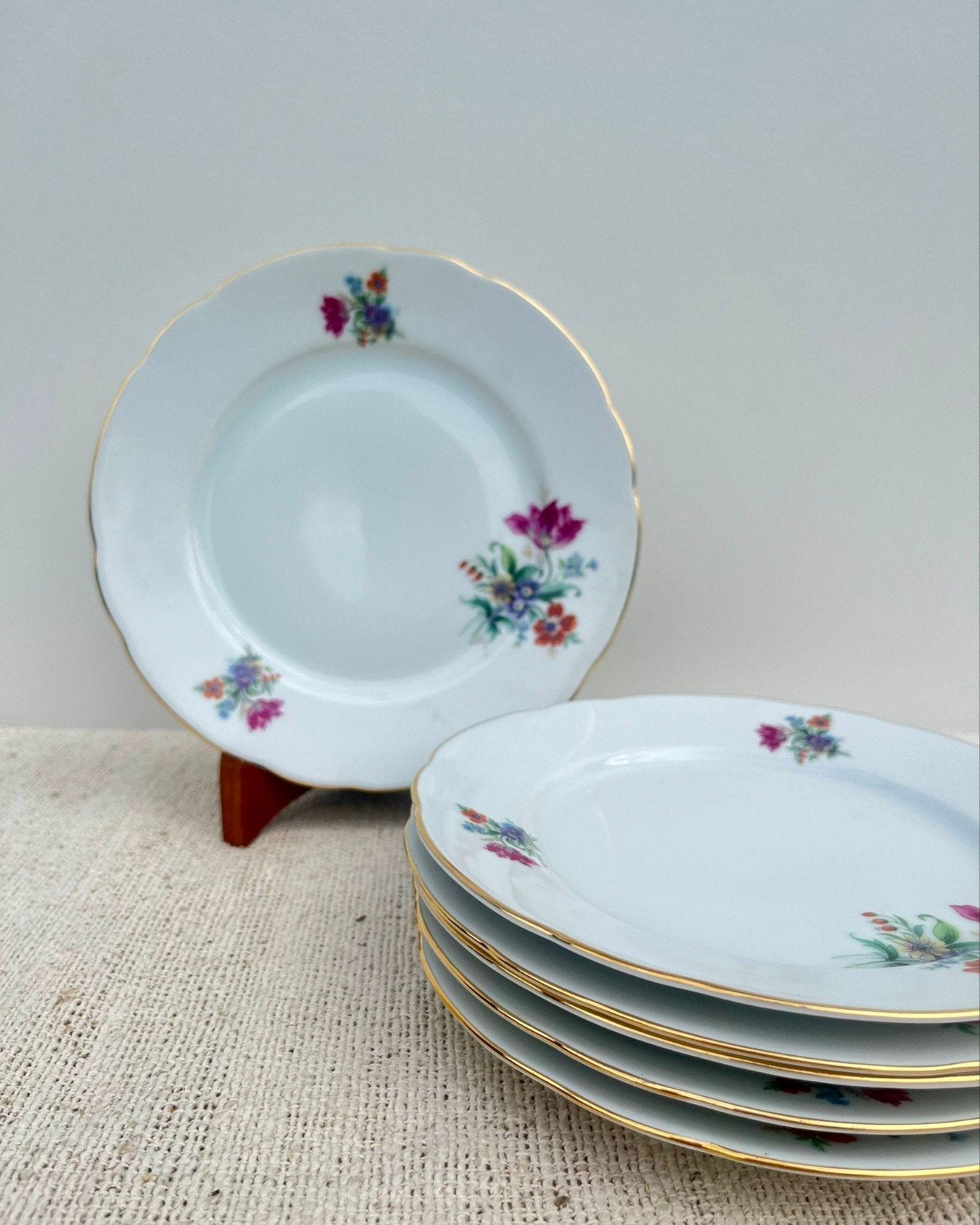 set van 6 vintage bordjes Bohemia Czechoslovakia bloemetjes, Ophalen of Verzenden, Overige stijlen, X, X