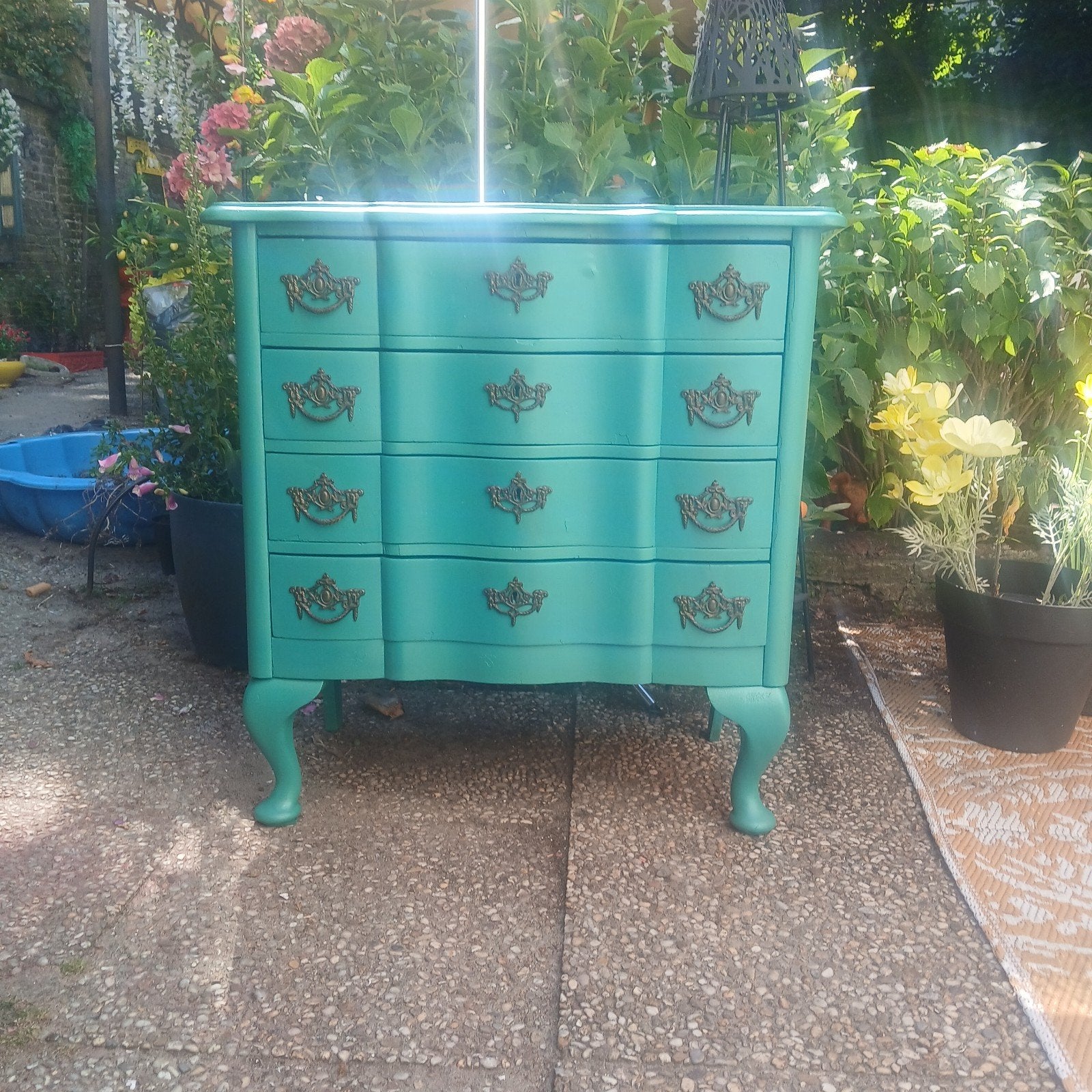 turquoise zeegroen ladekastje buikkastje, Ophalen, Gebruikt, Antiek gerestyled, 50 tot 100 cm