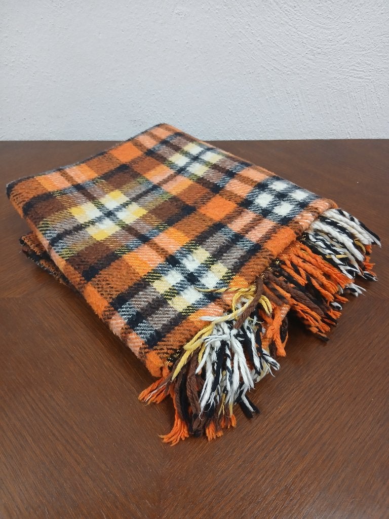 Vintage plaid/deken, jaren 70 (160 x 135 cm), 135 cm, Gebruikt, Oranje, Wol