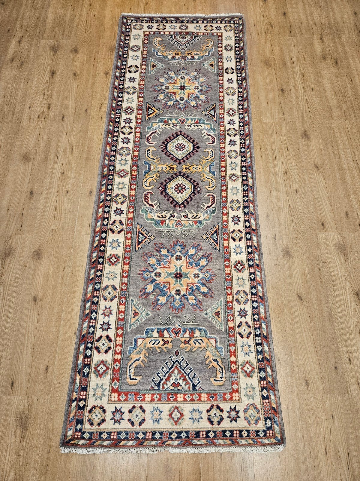 Handgeknoopt oosters wollen tapijt loper kazak 248x83, Info@SlatsAntiek.nl, Perzisch, Vof Slats Antiek, Rechthoekig