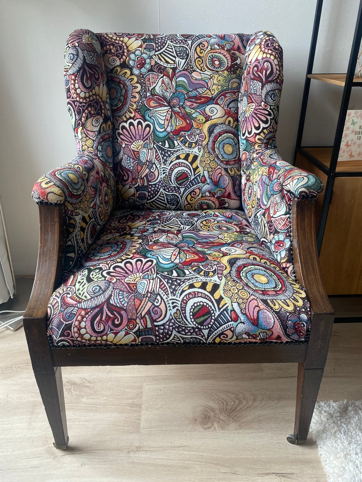 Vintage fauteuil met kleurrijke gobelin stof, Ophalen, Zo goed als nieuw, Stof, 50 tot 75 cm