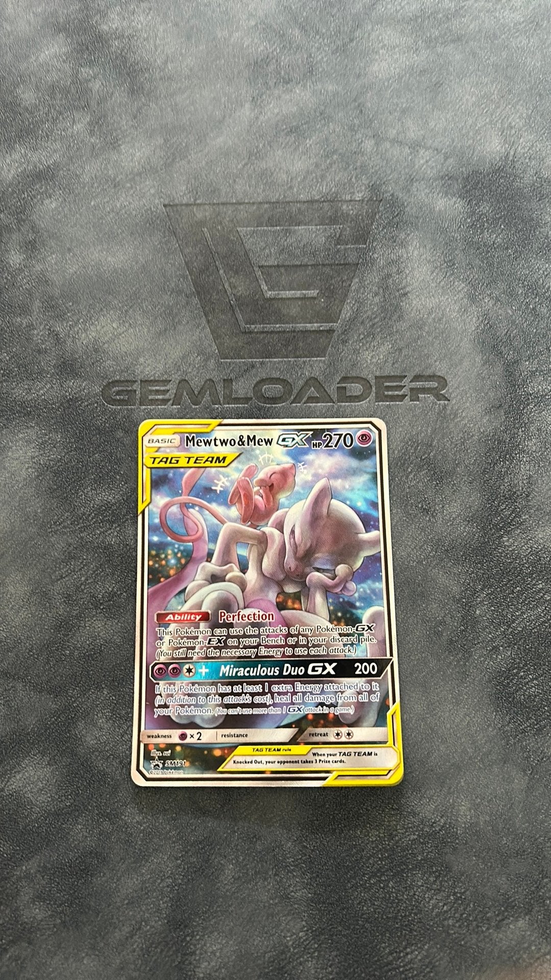 Mewtwo & Mew Tag Team SM191 Promo Pokémon Kaart, Ophalen of Verzenden, Gebruikt, Losse kaart, Foil