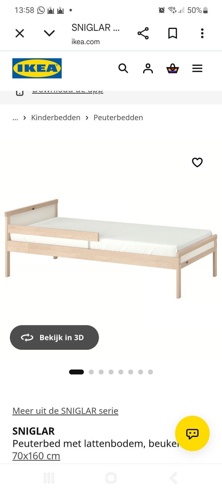 IKEA SNIGLAR Peuterbed met lattenbodem, beuken 70x160 cm, Kinderen en Baby's, Ophalen, Gebruikt, 70 tot 85 cm, Lattenbodem