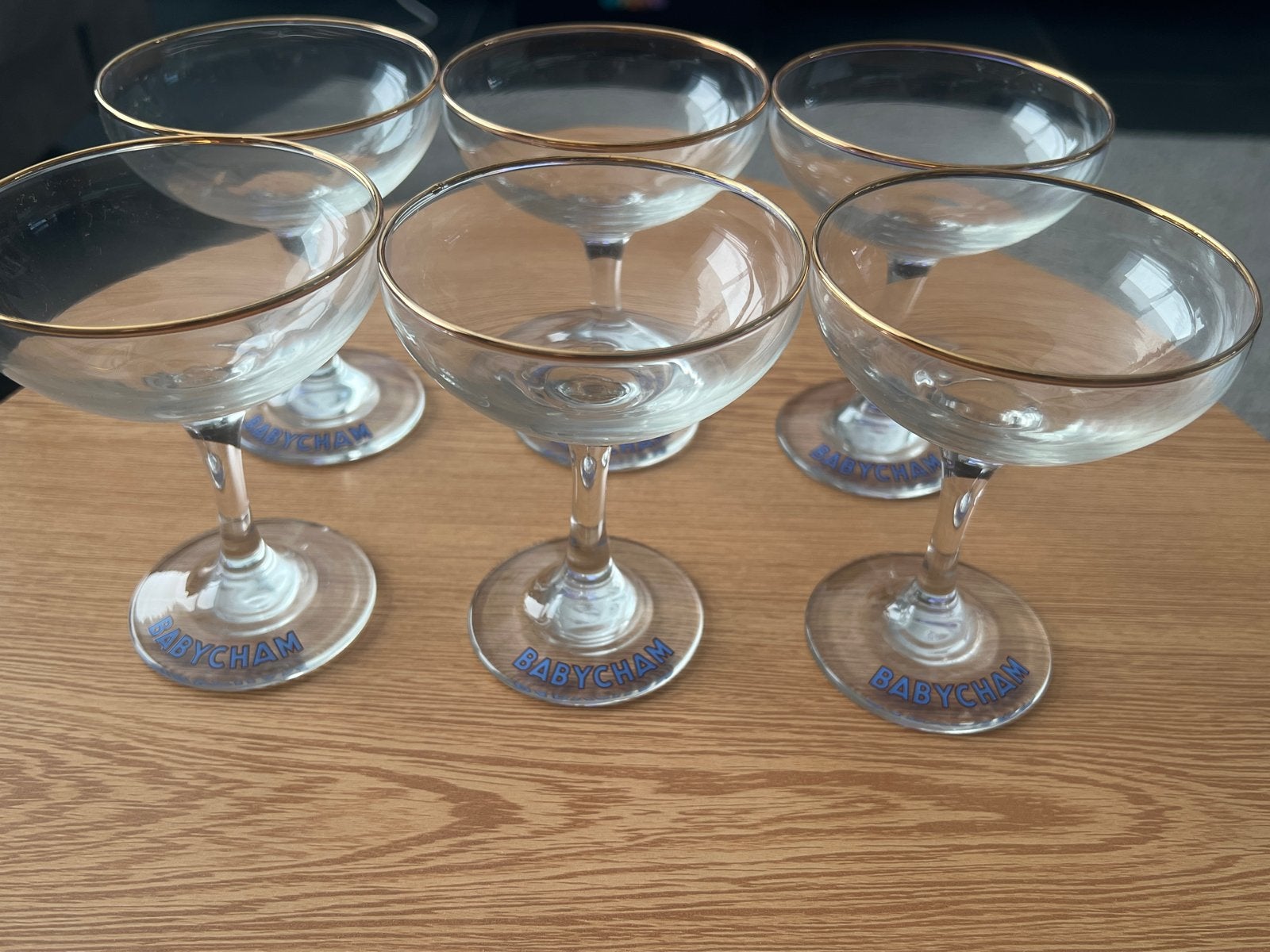 Set van 6 vintage Babycham champagneglazen met gouden rand, Ophalen of Verzenden