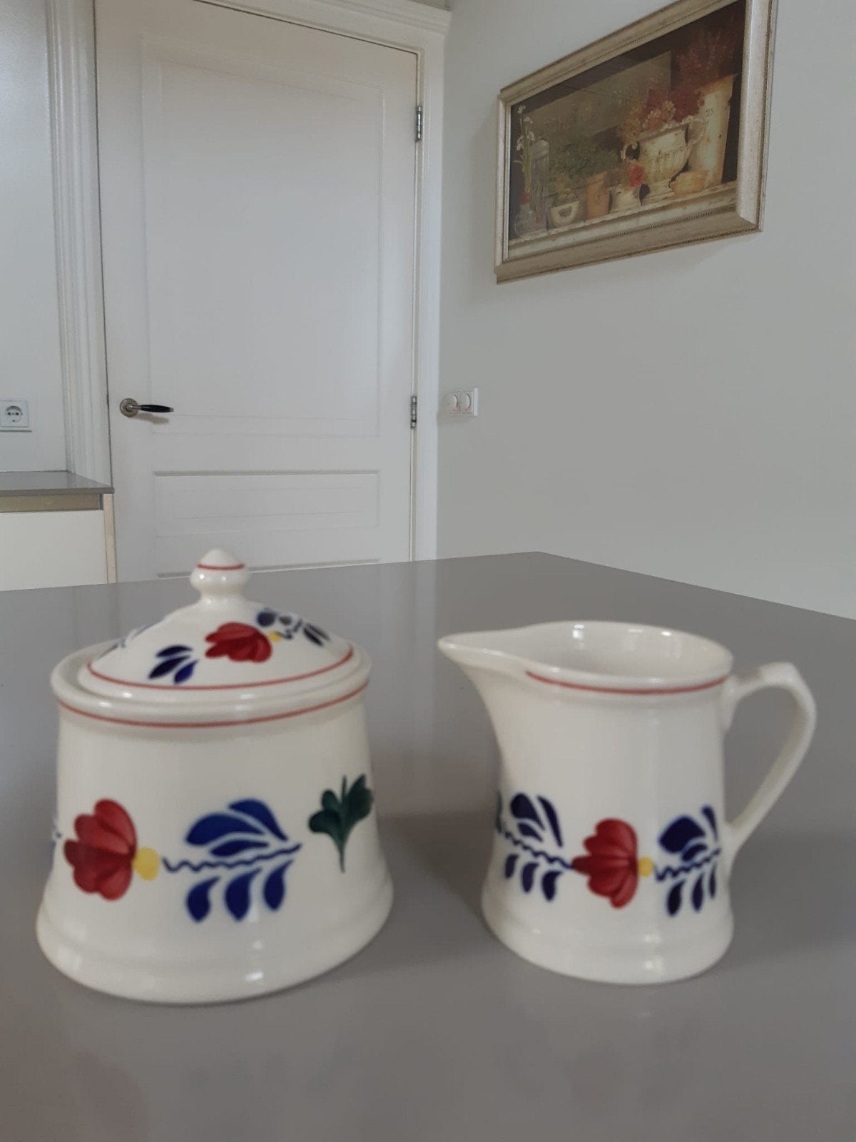 Suikerpot en Kannetje Boerenbont Boch Belgium, Ophalen of Verzenden, Zo goed als nieuw, Aardewerk, Overige typen