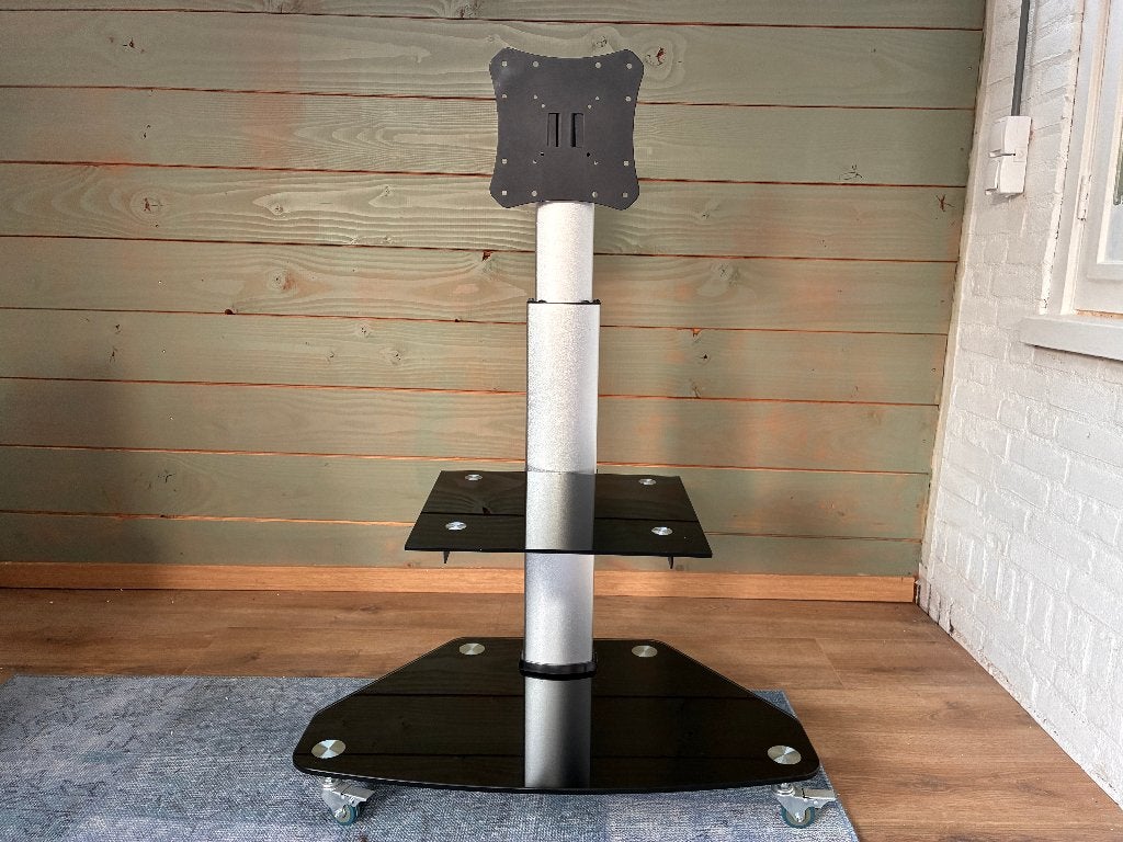 TV standaard op wielen verstelbaar met glazen plateaus, Audio, Tv en Foto, Televisiebeugels, Ophalen, Zo goed als nieuw
