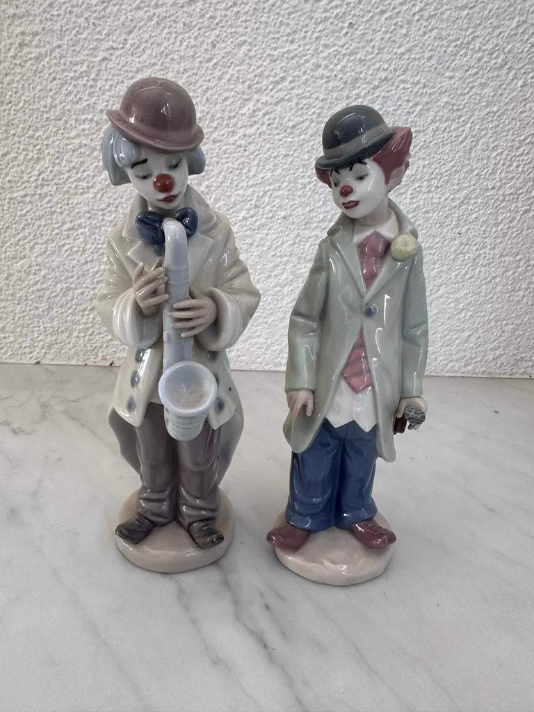 Lladró Beeldjes: Clown met Saxofoon & Clown met Viool (1987), Ophalen of Verzenden