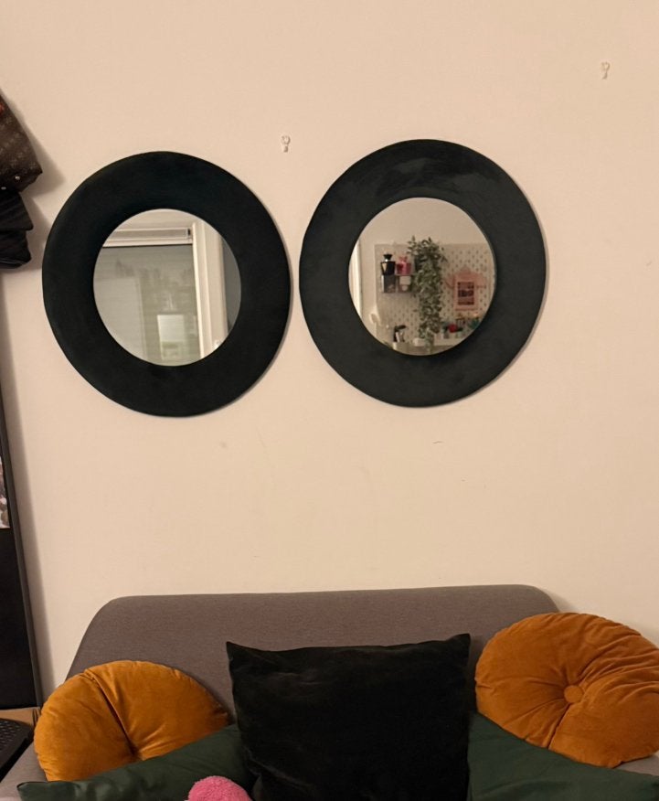 Set van 2 donkergroene fluwelen spiegels, Huis en Inrichting, Ophalen, Rond, Zo goed als nieuw, Minder dan 100 cm