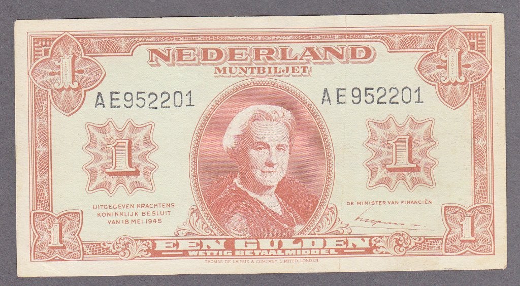 Wilhelmina -1 gulden 1945 Pr - serie AE952201 - P70,AV6.1b, Verzenden, 1 gulden, Los biljet