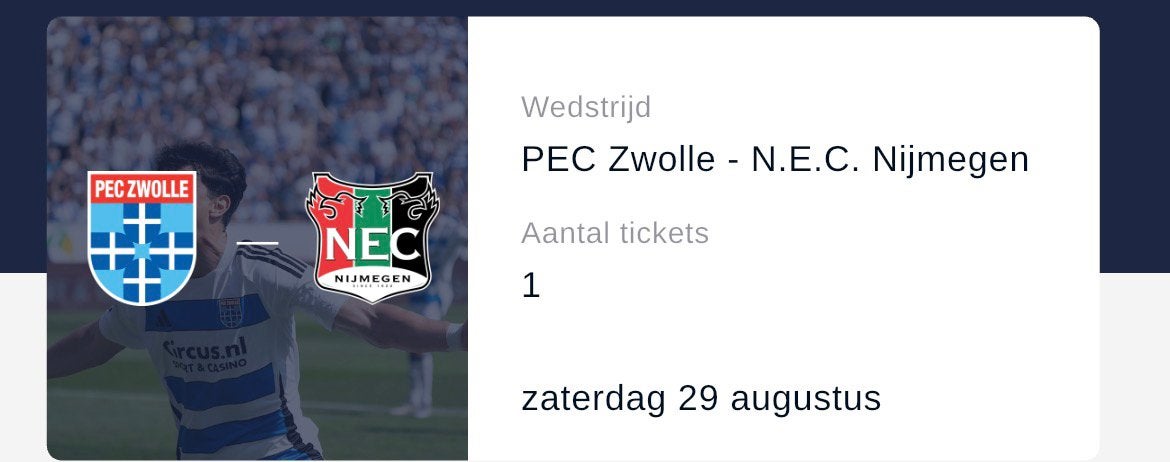 Pec zwolle - Nec Nijmegen 1 ticket, Eén persoon