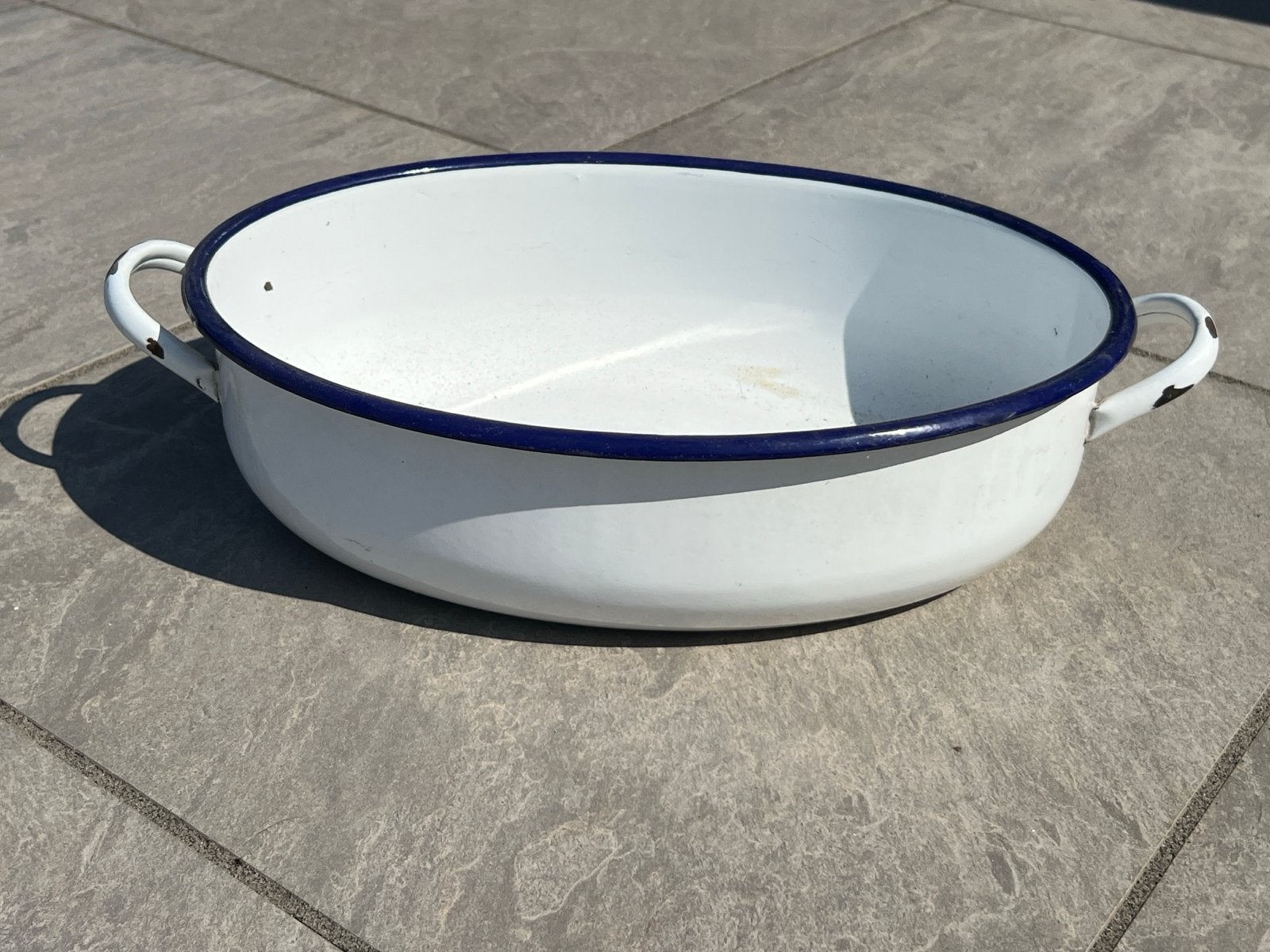 Witte emaille teil met blauwe rand - Vintage, Antiek en Kunst, Ophalen of Verzenden