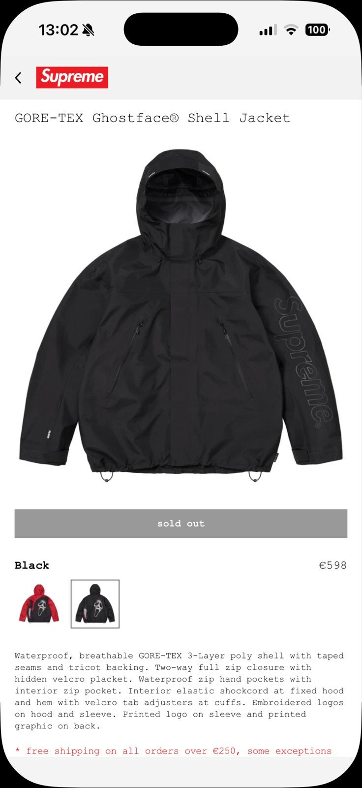 Supreme GORE-TEX Ghostface Shell Jacket Zwart maat S, Ophalen of Verzenden, Nieuw, Maat 46 (S) of kleiner, Zwart