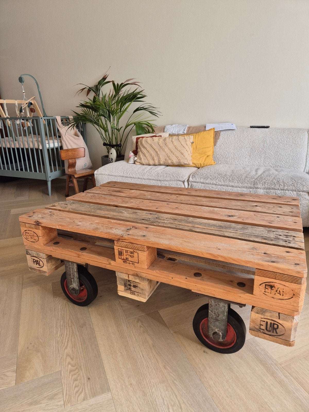 Pallet salontafel industrieel met wielen 120x80 Handgemaakt, Ophalen, 100 tot 150 cm, 50 tot 100 cm, Overige houtsoorten
