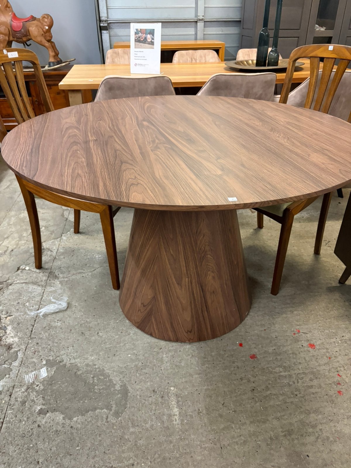 Ronde eettafel 120x76cm walnootfineer met een kegelpoot, Ophalen, 100 tot 150 cm, ., Rond