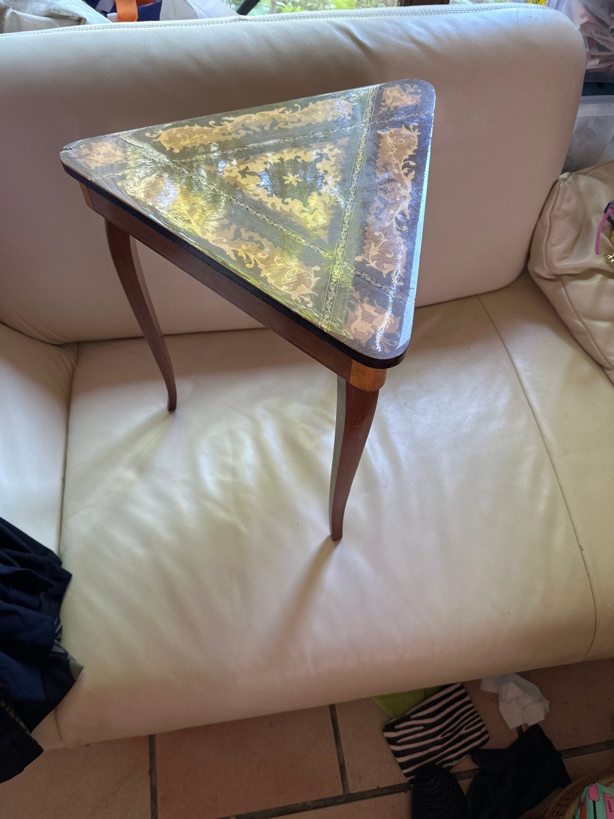 Antieke Driehoekige Bijzettafel met Inlegwerk en muziek, Antiek en Kunst, Ophalen