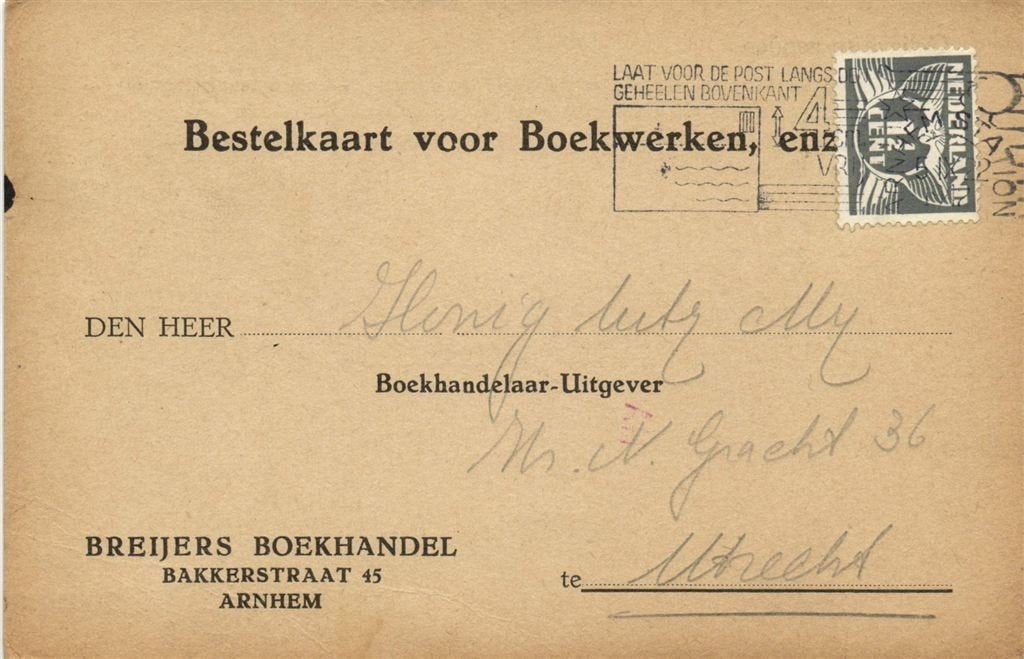 Breijers Boekhandel, Arnhem - 09.1942 - bestelkaart voor boe, Ophalen of Verzenden, Briefkaart
