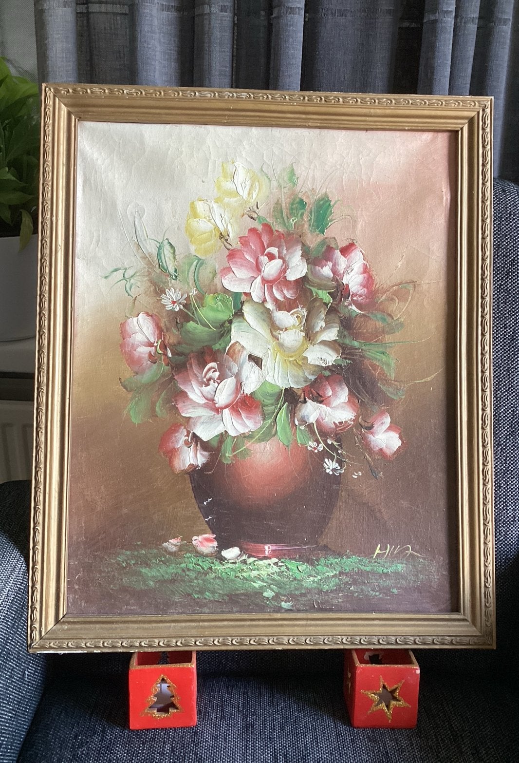 Schilderij: Bloemenstilleven in vaas, olieverf op doek, Bloemen, Doek, Ophalen of Verzenden, Handgeschilderd